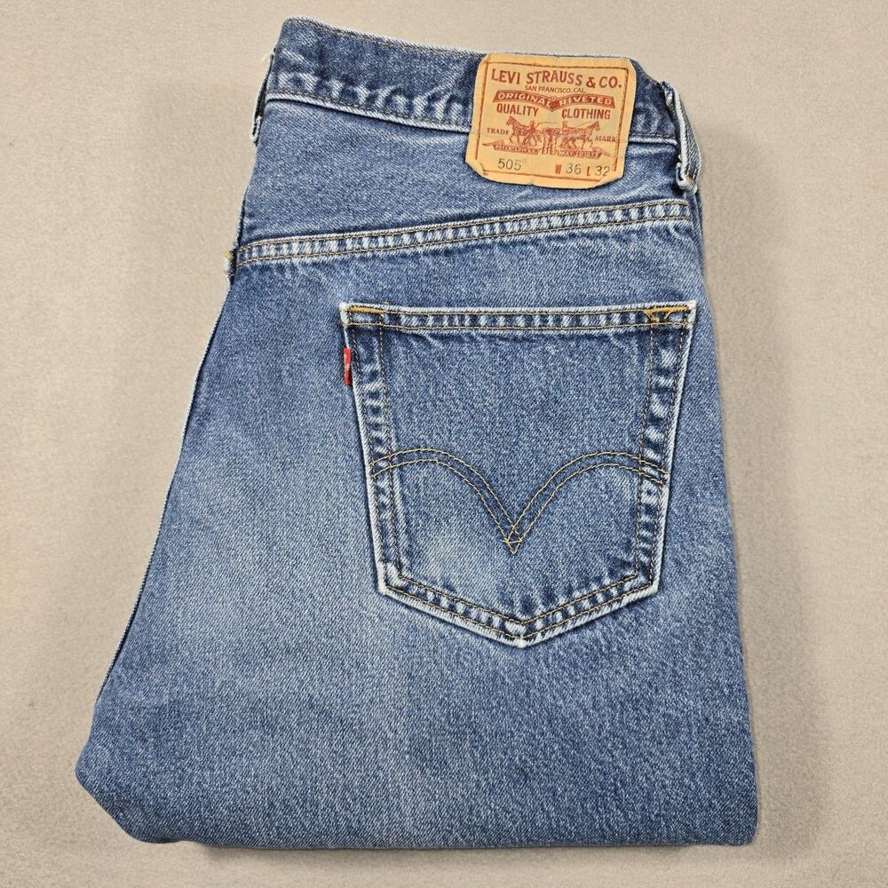 Levi's 505 Regular Fit Men's Jeans Size 36x32 Straight Leg Distressed Blue Denim